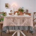 Rustic crochet lace tablecloth with vintage plaid ruffled edge for dining room home decor 1pc - Patchwork Crochet Ruffle / 140x260 / Black Plaid
