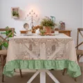Rustic crochet lace tablecloth with green plaid ruffled hem for dining table home decor - Green Plaid