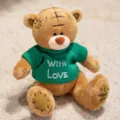Cute brown patch teddy bear plush toy wearing green shirt with love text for couple gift. - Patch Bear - Dark Brown Clothes Style