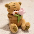 Cute brown patch teddy bear plush toy holding pink tulip flower, soft stuffed animal gift. - Patch Bear - Dark Brown Flower Holding Style