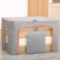 Caja de almacenamiento de lino gris para ropa y mantas con ventana transparente. - Estilo Algodón Lino de Estructura de Acero / 66L (50x40x33cm) / Gris