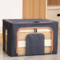 Gran caja de almacenamiento de tela con marco de acero, gris oscuro para mantas ropa. - Estilo Algodón Lino de Estructura de Acero / 66L (50x40x33cm) / Azul marino