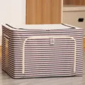 Caja de almacenamiento de tela a rayas con estructura de acero y cremallera para ropa. - Estilo de Rayas de Estructura de Acero / 66L (50x40x33cm) / Café