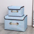 Scatole di conservazione pieghevoli in tessuto pied de poule blu con coperchio e maniglie. - Piccolo (26x20x16cm) / Pied de Poule Blu (Corda)