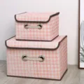 Scatola portaoggetti pieghevole in tessuto rosa pied-de-poule con coperchio e manici in corda. - Piccolo (26x20x16cm) / Pied de Poule Rosa (Corda)