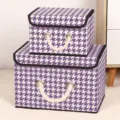 Scatola portaoggetti pieghevole in tessuto pied de poule viola con coperchio e manici in corda - Piccolo (26x20x16cm) / Pied de Poule Viola (Corda)