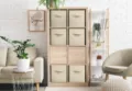 Beige fabric collapsible storage box square cube container with handle for wardrobe shelf - 30x30x15cm / Sky Blue