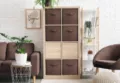 Foldable fabric storage box detail view, lidless cube organizer bin for closet clothes sorting. - 30x30x15cm / Brown