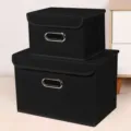 Collapsible fabric storage box with lid and metal handle, black stackable clothes organizer. - Large 38*25*25cm / Black