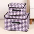 Purple houndstooth foldable fabric storage box with lid and handle, home wardrobe organizer. - Purple Houndstooth (Leather Handle)
