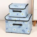 Foldable fabric storage box with lid, blue daisy print clothes organizer for home wardrobe. - Daisy (Leather Handle)