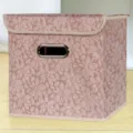Pink foldable fabric storage box with leaf pattern, lid, and handle for home organization. - Lidded Clover - Pink