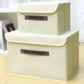 Scatola portaoggetti in tessuto lino beige con coperchio, variante organizer vestiti pieghevole. - Piccolo (26x20x16cm) / Beige Imitazione Lino