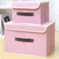 Scatola portaoggetti pieghevole in tessuto rosa con coperchio e maniglia per vestiti, contenitore. - Piccolo (26x20x16cm) / Rosa Imitazione Lino