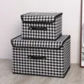 Black and white houndstooth foldable storage boxes with lids, fabric home organizer set. - Black Houndstooth (Leather Handle)