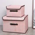 Foldable fabric storage box with lid, pink houndstooth clothes organizer container. - Pink Houndstooth (Leather Handle)
