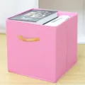 Scatola di immagazzinaggio in tessuto pieghevole rosa con manico in legno per armadio e giocattoli. - (Manico in Legno) Senza Coperchio Rosa