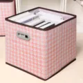 Scatola portaoggetti in tessuto pieghettato pied de poule rosa con bordo marrone per armadio. - Stile Cassetto Pied de Poule Rosa