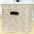 Foldable fabric storage box with lid and handle, beige leaf pattern for home wardrobe. - Beige Clover With Lid