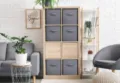 Foldable fabric storage box set with wooden cube shelf organizer for home wardrobe organization - 30x30x15cm / Gray
