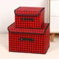 Foldable fabric storage box with lid, red and black houndstooth pattern closet organizer. - Black Red Houndstooth (Leather Handle)