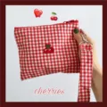 Red checkered canvas cosmetic pouch with embroidered cherry, portable makeup storage bag. - Handheld Bag With Label / 16*13CM