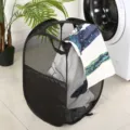 Cesta para ropa plegable de malla pop-up canasta de lavandería para organización del hogar - Cesta de Ropa Redonda de Tela con Bolsillo / Negro