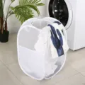 Cesto para la colada plegable de malla para el hogar, práctico cesto blanco de ropa. - Cesta de Ropa Redonda de Tela con Bolsillo / Blanco