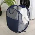 Cesto para ropa plegable de malla para almacenamiento y organización del hogar. - Cesta de Ropa Redonda de Tela con Bolsillo / Azul marino