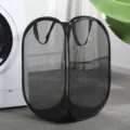 Cesto de ropa sucio plegable de malla negra de doble compartimento organizador de lavandería - Cesta de Ropa Cuadrada de Malla con Bolsillo / Negro