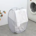 Opvouwbare wasmand van grijs mesh voor kleding opbergen in de slaapkamer of badkamer - Ronde Stoffen Zak Wasmand / Lichtgrijs