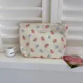 Cute strawberry bow makeup bag, large capacity portable cosmetic pouch for travel and daily use. - Berry Blue Satin Dream - Large