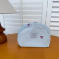 Blue striped fabric cosmetic bag with cute bow embroidery, portable shell makeup pouch. - Blue Stripe 02 Shell Bag