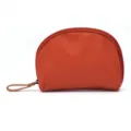 Small cosmetic pouch, orange portable travel makeup bag with zipper and leather loop. - Orange