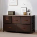 Fabric storage dresser with 5 drawers, metal frame and wooden top for bedroom living room - 5 Drawers / Coffee