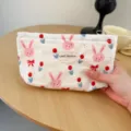 Cute rabbit tulip print canvas cosmetic bag portable travel makeup pouch organizer for women - M / 20x10x3cm