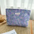 Floral cosmetic bag, purple vintage flower pattern zip pouch for daily makeup use. - L / Purple Floral