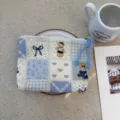 Cute blue plaid cartoon bear rabbit patchwork coin purse portable cosmetic makeup storage bag - Blue Plaid Doll Bear Rabbit