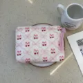 Cute pink bow cherry print canvas cosmetic bag portable zipper makeup pouch for women travel. - Sweet Diamond Butterfly Cherry