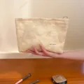 Beige floral embroidered cosmetic bag large capacity portable travel makeup storage pouch - L