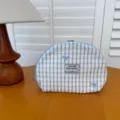 Blue striped cosmetic bag with embroidered bow, portable fabric shell makeup pouch for travel. - Blue Stripe 03 Shell Bag