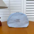 Blue striped cosmetic pouch, cute bow embroidery fabric makeup bag, shell style travel case. - Blue Stripe 04 Shell Bag