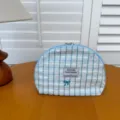 Blue striped cosmetic bag with cute bow embroidery, shell shape makeup pouch for daily use. - Blue Stripe 08 Shell Bag