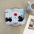 Cute blue plaid makeup pouch with black cat print, portable travel cosmetic storage bag. - Blue Plaid Cat Fruit
