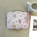 Pink gingham canvas cosmetic pouch with cute animal prints, portable zipper makeup bag for travel. - Pink Plaid Strawberry Companion