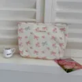 Cute bow rose print canvas cosmetic pouch, large capacity portable travel makeup bag. - Pink Rose Dream Ribbon - Large