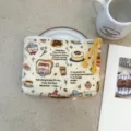 Cute canvas coin purse with zipper, cartoon cat and food print, travel portable makeup storage bag. - Dessert Kitten Shop