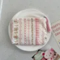 Floral Cotton Coin Purse Pink Plaid Small Storage Bag Cute Mini Cosmetic Lipstick Pouch - Lace Prologue