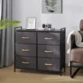 Fabric storage dresser with 6 drawers, dark grey unit with wood handles and metal frame. - 3 Layers 6 Drawers / Dark Gray