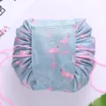 Lazy drawstring makeup bag with cute flamingo print, waterproof travel toiletry storage pouch. - Flamingo
